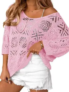 Women's 2026 Spring Summer Crochet Hollow Out 3/4 Sleeve Pullover Sweater Off Shoulder T-Shirts, Vacation Bohemian Hollow Knit Cover-Up,Plus Size Off Shoulder Hollow Out Sweater, Loose Batwing Sleeve Crochet Top, Curvy Girl Boho Fashion Blouse