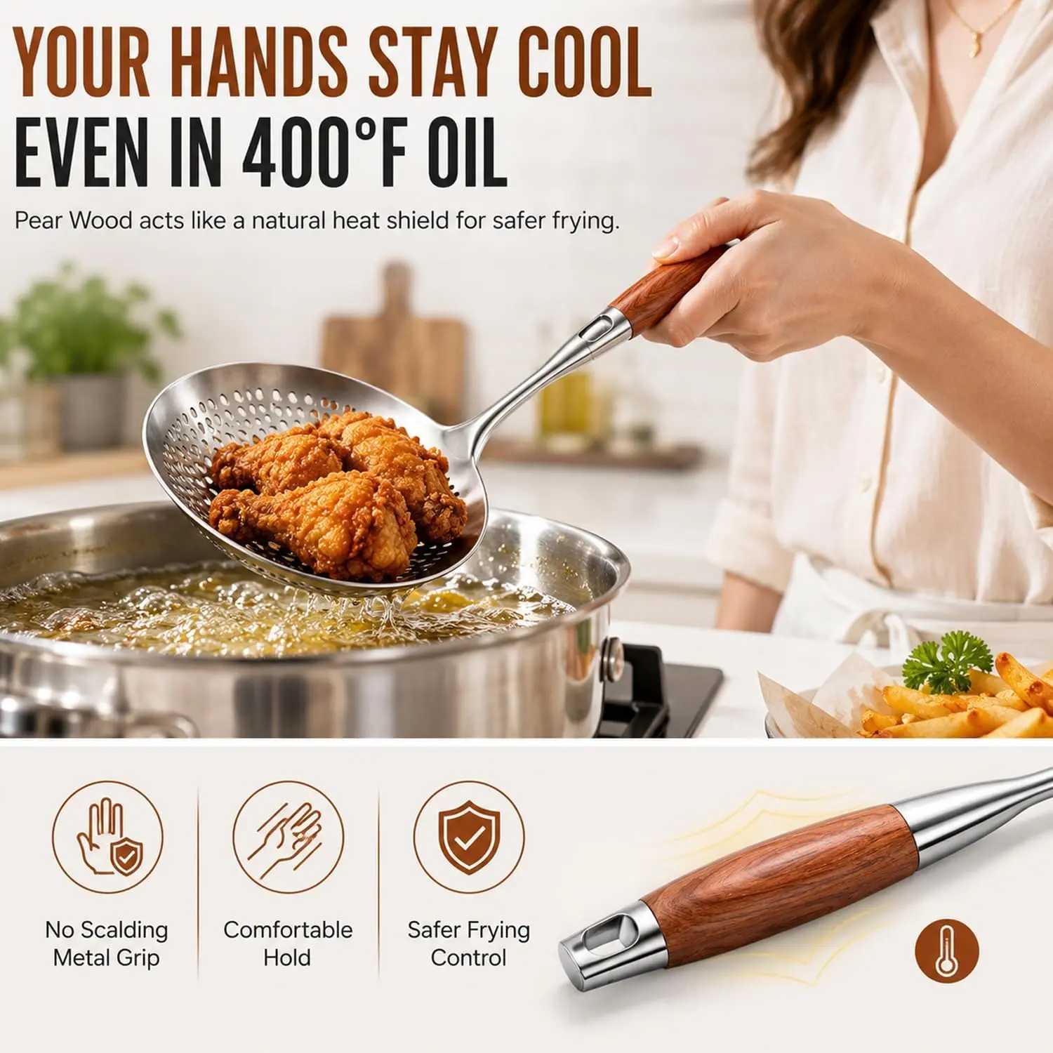 Wooden Handle Stainless Steel Skimmer, Skimmer Slotted Spoon, Ladle Spoon with Heat-Resistant Long Handle, Extra Thick Spider Strainer for Deep Frying, Boiling & Fast Oil Draining (1PC)