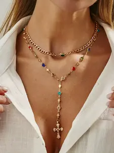 Boho Style Alloy Chain Necklace Set, Eye-Catching Colorful Crystal Pendant, Perfect Gift for Women, Bohemian Fashion Jewelry