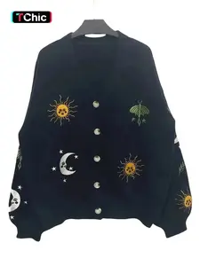 Women's V Neck Knit Cardigan Sweater Coat, Moon Star Embroidery Design, Casual Loose Long Sleeve Top, Elegant Retro Style, Womenswear, Knitwear, Vintage, Embroidered, Lady, Knitwear Tops