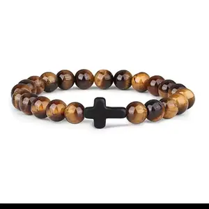 Christian Bead Bracelet for Men Women Yellow Tigers Eye Durable Elastic Cross Design High Quality Beads Stylish Durable Jewelry Gift