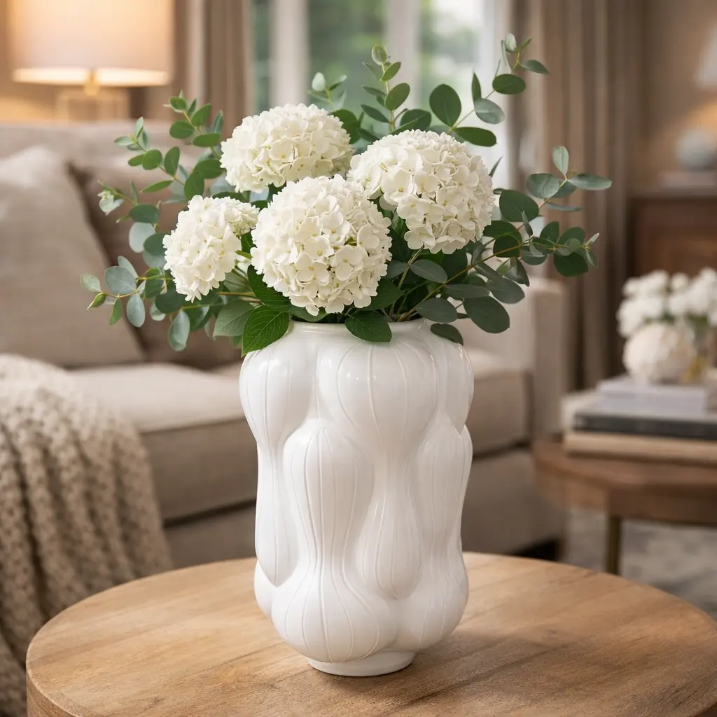Modern 12" Balloon Vase ( Johnathon Adler Inspired) – Textured Fine Lines, Milky White Glass  - Vintage and Retro Flair Luxury Home Décor