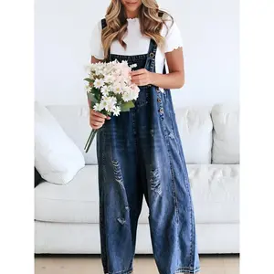 [Distressed Denim Overalls] Loose Fit Overalls - Women's Casual Adjustable Strap Distressed Bib Jeans Jumpsuits With Pocket Fabric Womenswear Collar Polyester Cotton Comfort Sleeveless Strappy Dungarees Sailors Dungarees