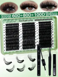 280PCS D Curl 60D80D100D 10-18mm Mixed Length Fluffy Volume Cluster Lashes Kit Soft And Comfortable Individual Lash Kit Long-Lasting Lashes Kit With Lash Bond&Seal Lash Remover And Tweezers Eyelash At Home For Daily Life&Cosplay&Dates And Party