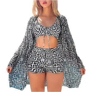 Women’s Bikini Sets Swimwear 3 Piece Tankini Top with Kimono Cover Up Beach Vacation Outfit