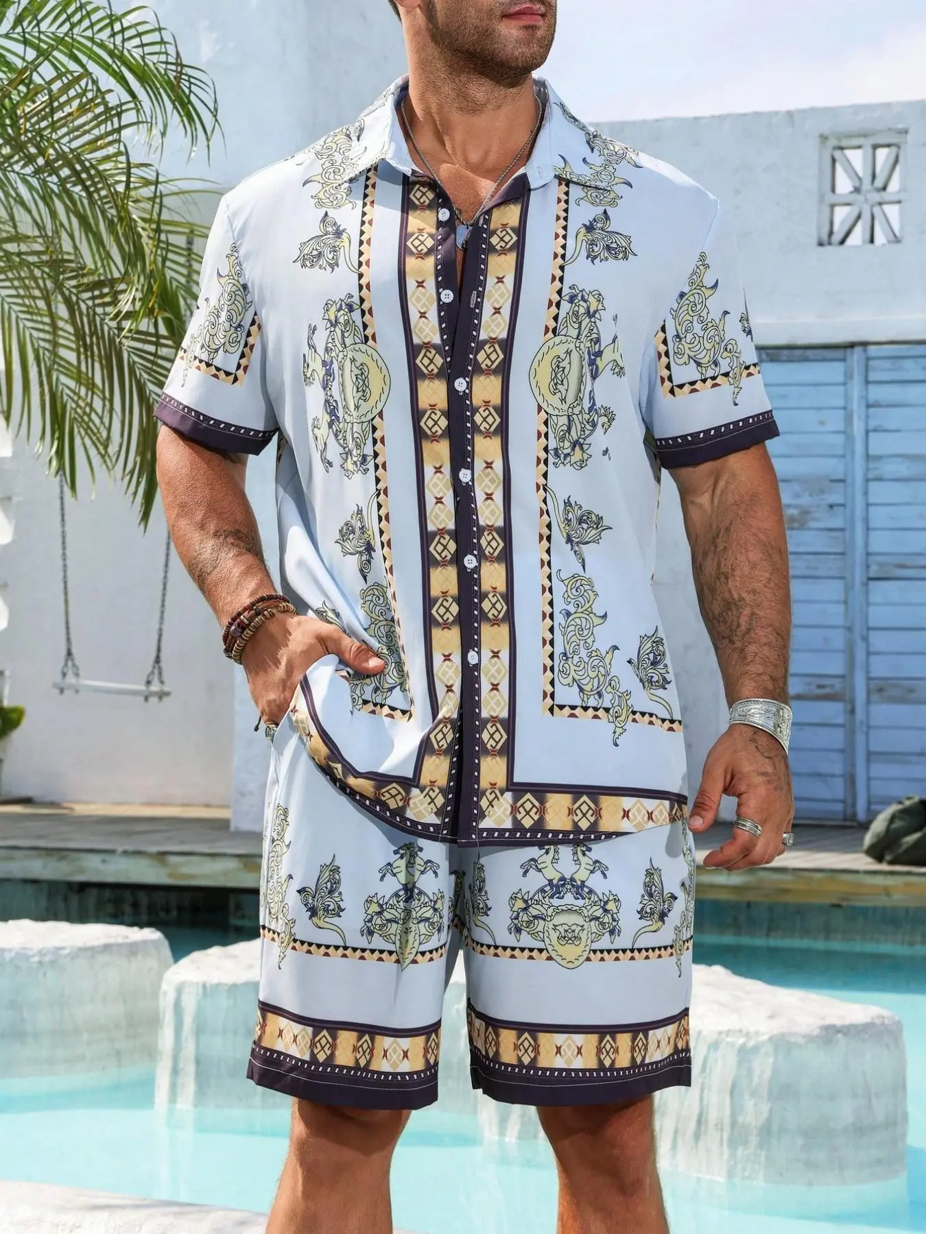 Summer Plus Size Men's Luxury Baroque Print Set, Menswear Tall Tropical Hawaiian Shirt and Shorts Two-Piece Set, Loose Casual Beach Wear, Resort Wear Set, Matching Outfit Sets