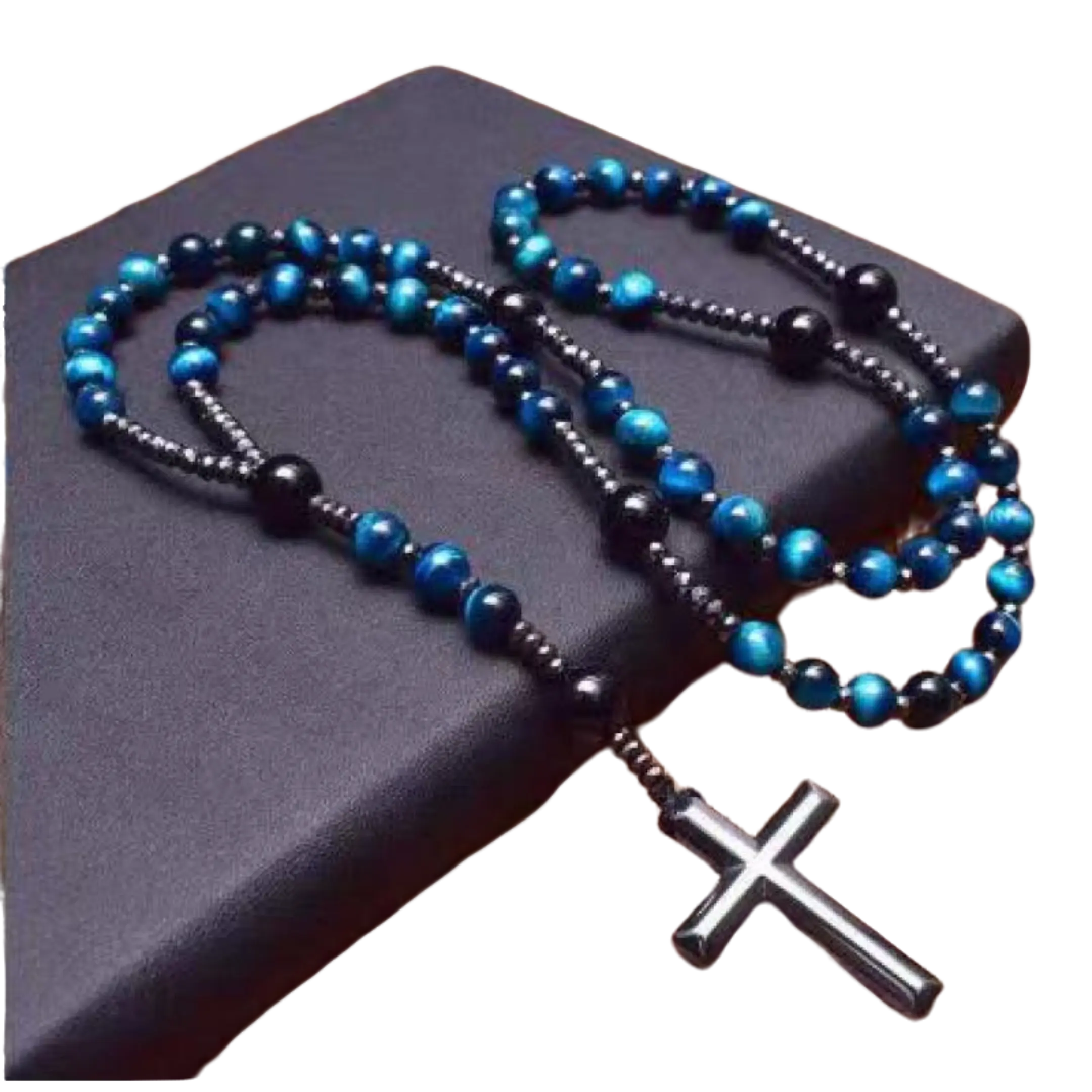 Flash & Finesse Men's 8mm Natural Tiger Eye-Black Obsidian Beaded Cross Gems Necklace - Handmade Faith-Based Fashion, Religious Design Cross Ornament Necklaces, Christian Protection Jewelry, Daily Spiritual Gift for Him, Beaded Cross Necklaces