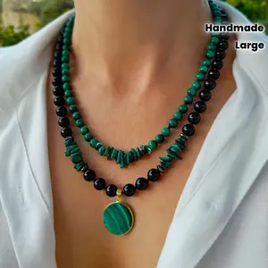 2pcs Malachite and Black Onyx Layered Necklace for Women, Handmade Jewelry with Large Natural Stone Pendant, Multi-Strand Bead Set, Birthday Gift for Mom