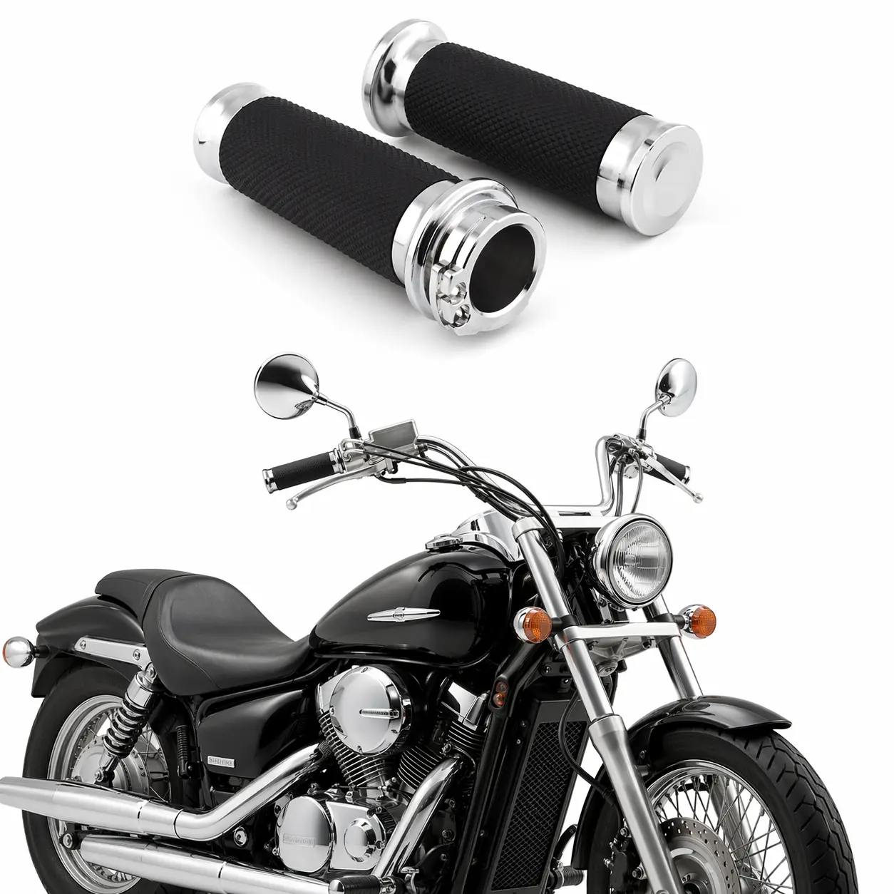 1" Black Chrome Aluminum-Rubber Motorcycle Handlebar Hand Grips - 25mm Left-Right Set, Motorcycle Parts for Harley (Road King, Electra Glide), Chopper, Honda, Yamaha, Suzuki, Kawasaki Handlebars