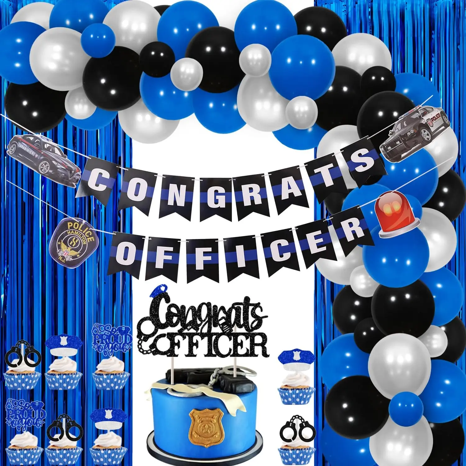 1-Set Police Party Decoration Kit - Cool and Fun Festive Supplies with 3.28*6.56 ft Curtains, Congrats Officer Banner, Cupcake Toppers, We Are So Proud of You Decor, Latex Balloons - Quick Assembly for Police Academy Graduation, Graduation Party, Balloon