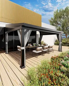 GAOMON 10'X14' Wall-Mounted Lean-to Gazebo – Galvanized Steel Roof with Gutters & Sliding Netting/Curtains, Weather-Resistant Pergola for Patio & Backyard-Khaki