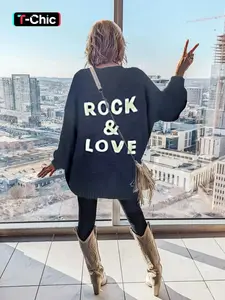 Women's Letter Print Open Front Knitted Cardigan, Casual Chic Drop Shoulder Long Sleeve Cardigan for Fall & Winter, Ladies Knitwear for Everyday Wear