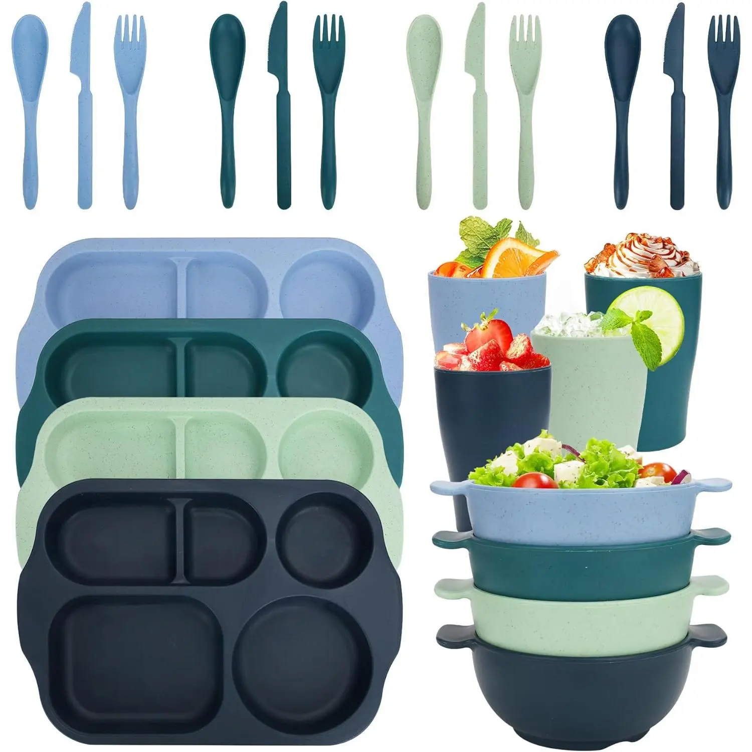 Unbreakable Dinnerware Sets for 4 People,24pcs Divided Plates and Bowls,  Dinnerware Plastic Plates, Cups, Bowls, Cutlery Set for School Party, Camping, , Office