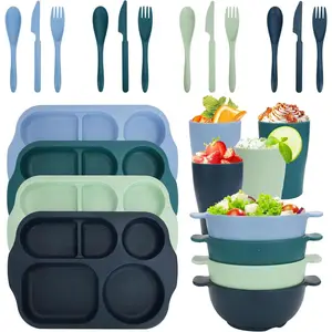 Unbreakable Dinnerware Sets for 4 People,24pcs Divided Plates and Bowls,  Dinnerware Plastic Plates, Cups, Bowls, Cutlery Set for School Party, Camping, , Office