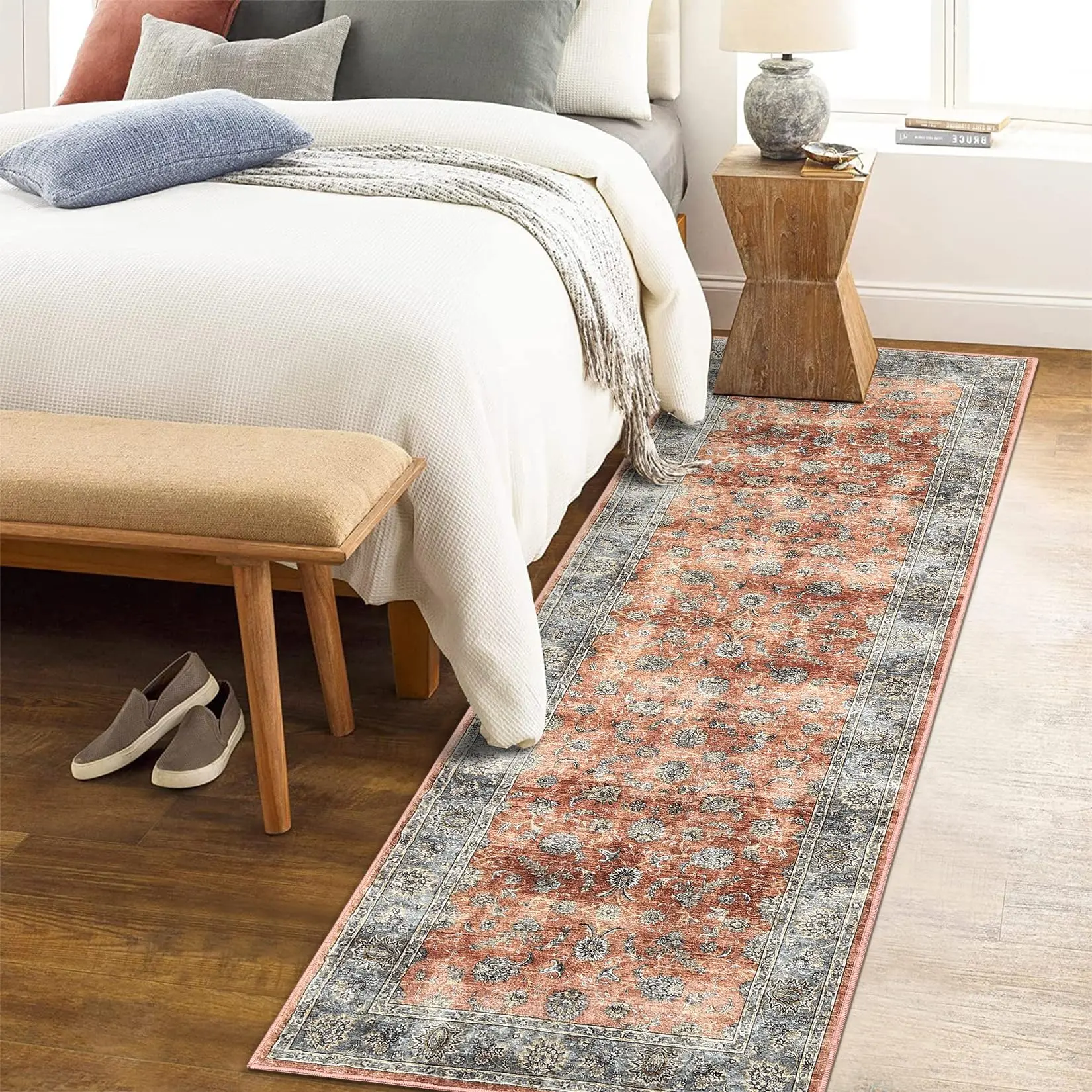 【GARVEE】Large Area Rug 10x13 - Washable, Vintage Floral Design, Non-Slip, Low Pile, Distressed Look, Stain Resistant, Indoor Floor Cover for Living Room, Bedroom, Office - Brick Red