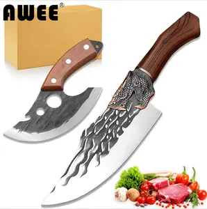 AWEE Longquan butcher knife, Viking knife, Japanese fire-forged butcher knife, exquisite chef's knife, camping and BBQ collection, meat-cutting knife, household knife, forged chef's meat-bone knife. 11.2-inch handmade boning knife, plastic handle