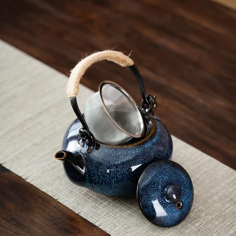 Japanese Teapot with Infuser Ceramic Tea Pot with Removable Stainless Steel Filter for Loose Tea 25 OZ/750ml for Office Home Men Women as Gift Blue