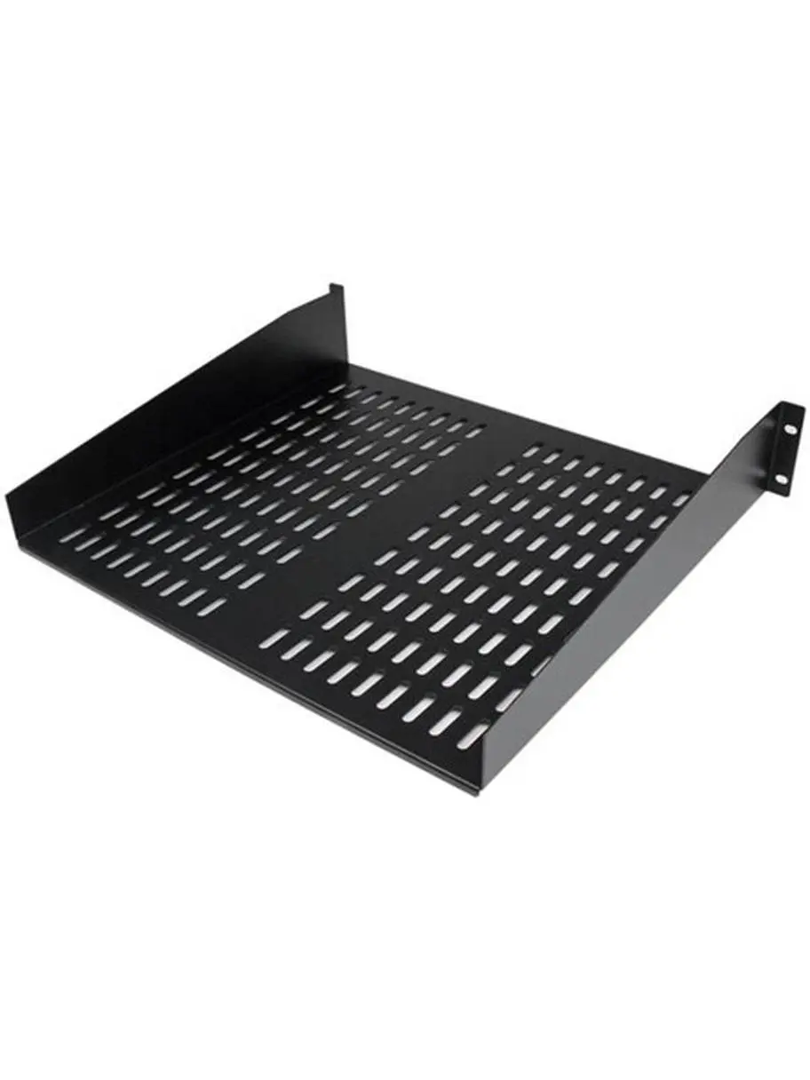 StarTech ST-CABSHELFV 2U Steel Universal Vented Fixed Cantilever Rack Mount Shelf, 16in Depth, 3.5in Height, Black Organizer Storage for Server Rack Cabinets