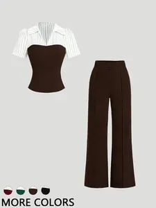 This Two-Piece Set is Powerful Office Lady Vibes  Striped Collar Fitted Top & Wide Leg Pants Set
