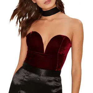 Women Sexy Velvet Strapless Bodysuit Jumpsuit Sweetheart Deep V Neck Vintage Bodycon Leotard Bustier Top Playboy Bunny Halloween Costume
