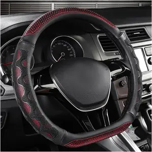 Car Steering Wheel, 15 Inch Leather D-Shaped Comfy Grip Steering Wheel, Anti-Slip Steering Wheel with 3D Honeycomb for Most Vehicles, Car Accessories (Red)