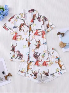 Women's Monkey Print Pajama Set, Short Sleeve Button-Up Top & Elastic Shorts, Casual All-Season Sleepwear, Comfortable Home Wear
