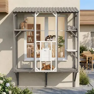 OPUL Outdoor Cat Catio Cat Enclosures Climbing Catio Window Cat House Cat Patio Enclosure with Platforms for 1-3 Cats, Walk-in Cat Cage Cat House for Multiple Indoor Outdoor Cats, Enhanced Security Structure, Grey+White