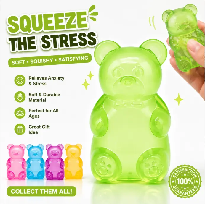Gummy Bear Squishy Sensory Toy, Jelly-Filled Stress Relief Fidget Toy, Soft Slow-Rising Squeeze Bear for Anxiety Relief, Calming Desk Toy for Kids and Adults, Birthday Party Gift