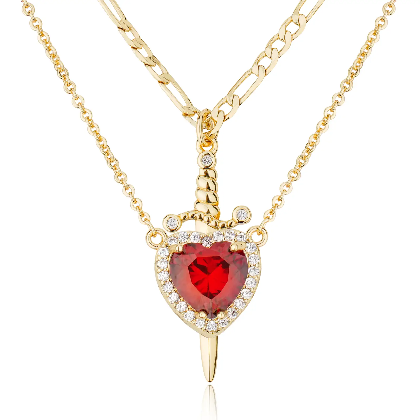 MEIITRUE 14K Gold Plated Heart Pendant Necklaces for Women Men, Zirconia Dagger Cross Pendant Necklace, Elegant Jewelry Gift for Couples