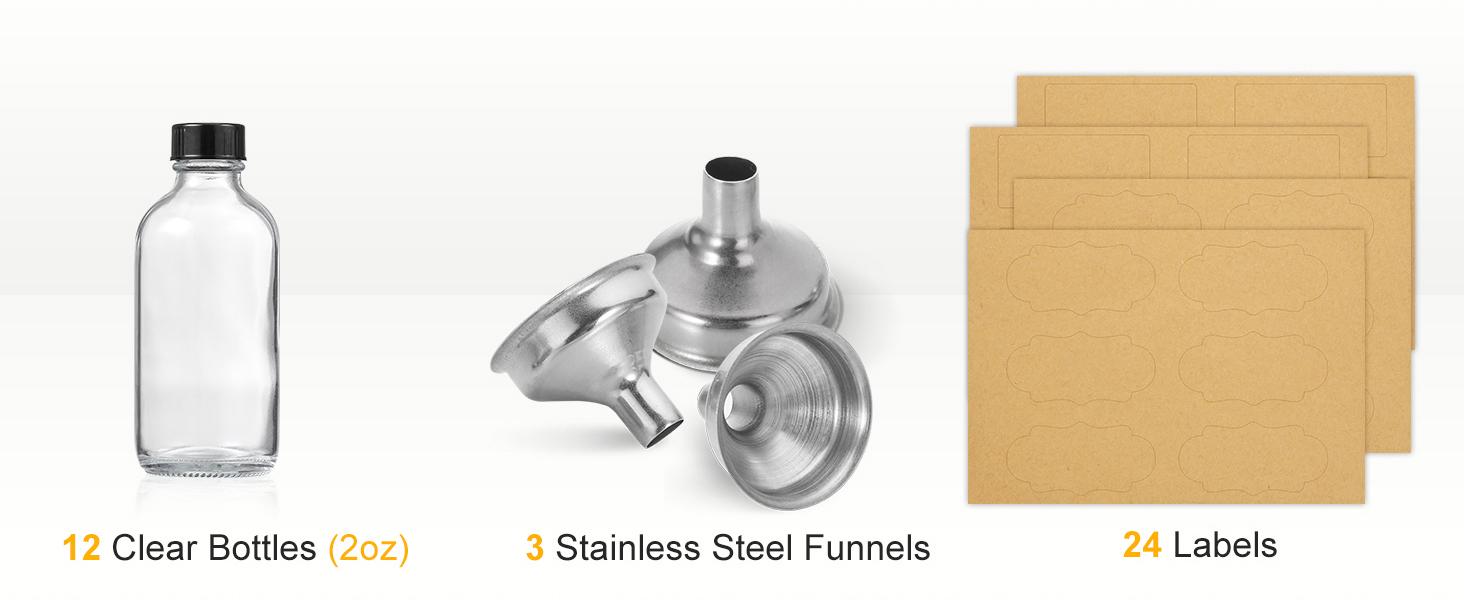 12 Pack, 2 oz Small Clear Glass Bottles w/Lid & 3 Funnels - 60ml Boston Shot Bottles for Health, Immunity, Potion, Wellness, Sample, Ginger, Juice - Mini Personal Care & Beauty Travel Bottle