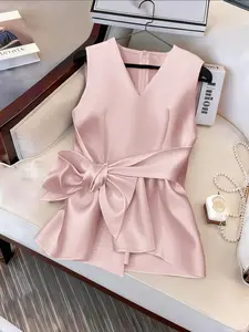 Women's Summer V Neck Sleeveless Waist Tie Backless Top, Elegant Plain Color Design, Fashionable Butterfly Knot Decoration, Womenswear