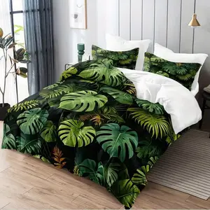 3 Piece Tropical Palm Leaf Bedding Set, Soft Comfortable Duvet Cover with 2 Pillowcases, Breathable Bedroom Home Decor