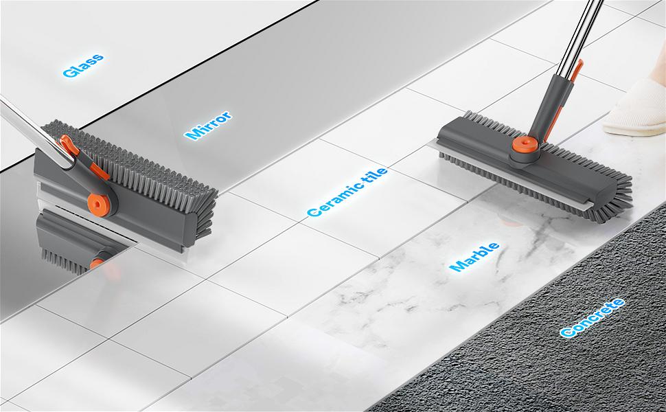 Floor Scrub Brush with Long Handle, 3 in 1 Scrape and Heavy-Duty Stiff Bristle Scrubber Brush for Cleaning Shower Bathroom, Patio, Pool, Garage, Kitchen, Wall and Deck (Gray, 1 Pack)