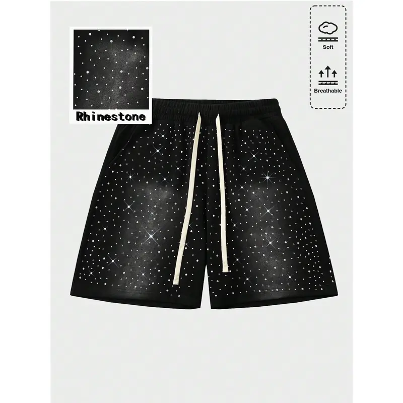 Unisex Y2k Rhinestone Shorts Drawstring Elastic Waist Summer Streetwear Shorts with Pockets