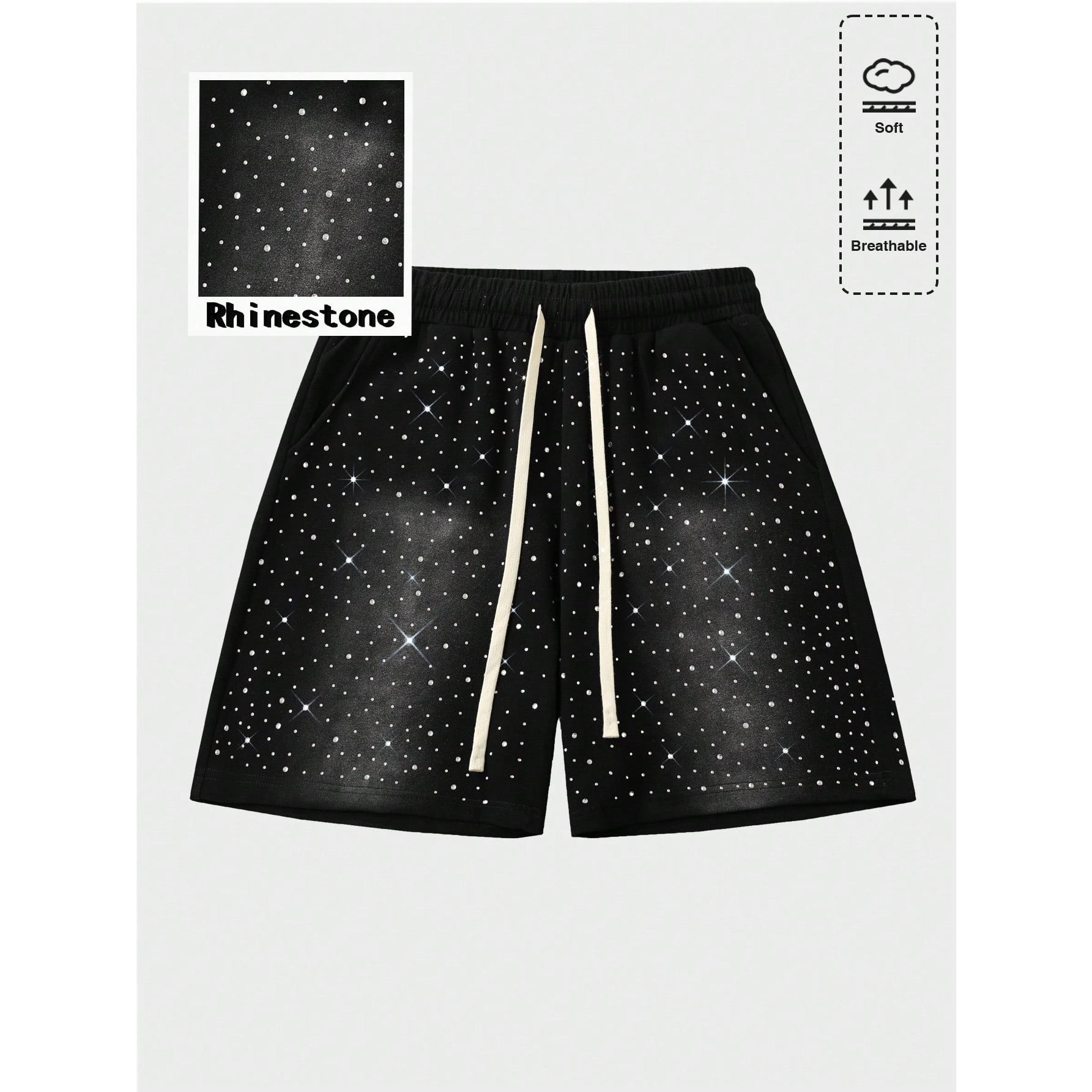 Unisex Y2k Rhinestone Shorts Drawstring Elastic Waist Summer Streetwear Shorts with Pockets