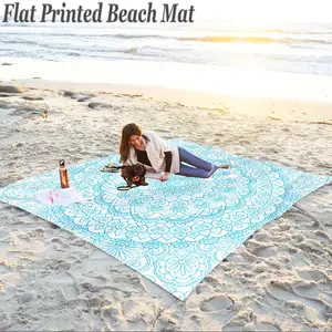 Summer Large Thin Beach Mat, Mandala Print, Anti-Fade, Sandproof Waterproof, Durable, Includes 4 Fixed Poles, Outdoor Leisure Temporary Floor Mats