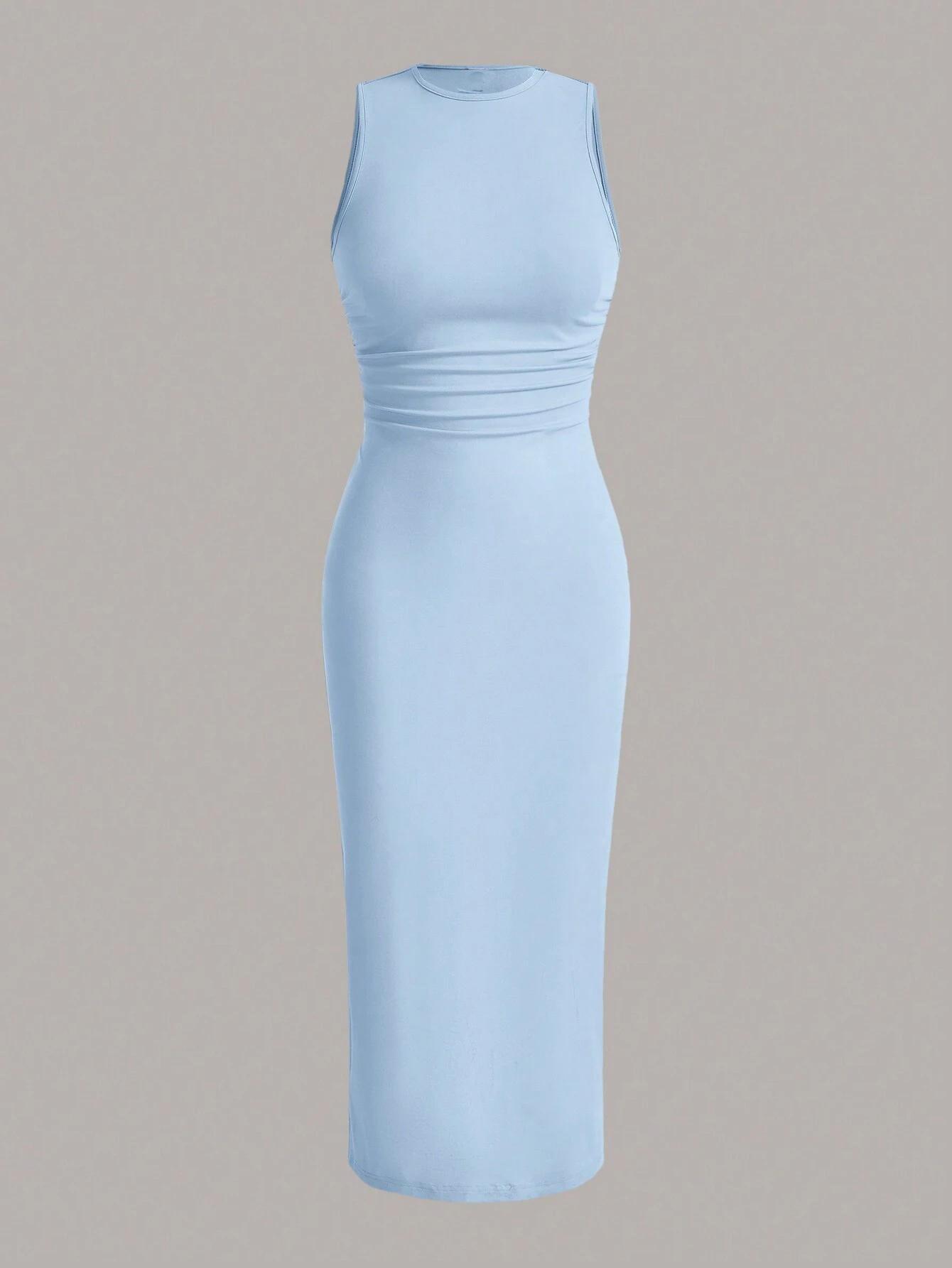 Sleeveless slim-fit dress with waist-cinching pleats for a slimming effect, style, and suitable for commuting, mid-length dress