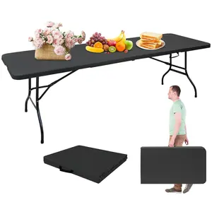 Portable 4-8Ft Folding Picnic Table, Heavy Duty Plastic Fold-in-Half Utility Foldable Table Small, Adjustable Height Plastic Folding Table with Carrying Handle for Camping & Party Indoor/Outdoor,Bearing Capacity 300Lb