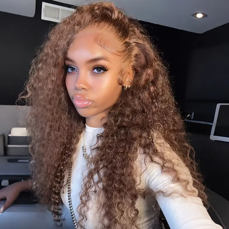 VRbest Black Women's 36in Chocolate Brown Deep Wave HD Transparent Lace Front Human Hair Wig, 13x6 Indian Curly Human Hair Wig, TikTokShopBlackFriday On-Sale Clearance, Human Hair Wigs, Deep Wave 13X6 Wig