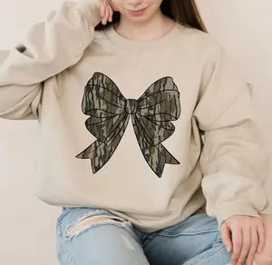 Camo Coquette Bow Sweatshirt, Old School Style Tee, Cotton Round Neck Tee, Unisex Tshirt for Men and Women, Menswear, Womenswear, Lady Top Fabric gift sweatshirt