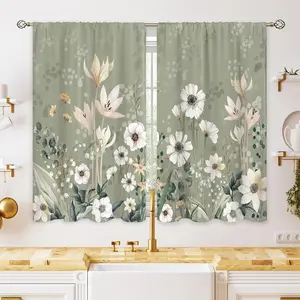 Green Boho Flower Small Kitchen Curtains Flower Plant Window Treatment Botanical Herb Chic Rod Pocket Cafe Short Window Curtains for Bathroom Dining Room Tier Treatment Drapes 27.5x39 inch