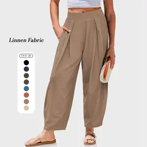 TARSE Women’s Linen Harem Wide Leg Boho Pants Loose Fit Wide Waistband Casual Lounge Trousers Fall Beach Vacation Baggy Work Dress Pants