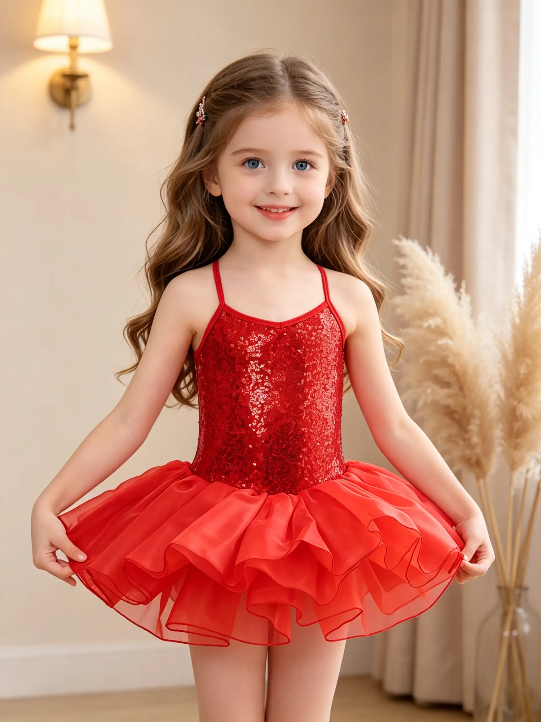 Little Girls Spaghetti Strap Sequined Ballet Leotard Princess Tutu Dress, Red Ruffle Tulle Ballerina Costume for Stage Performance Party & Holiday Dress Up