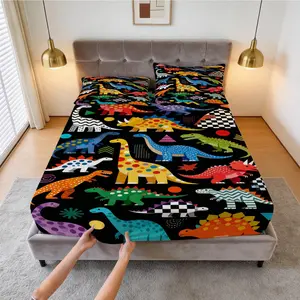 Dinosaur Print Fitted Sheet, Soft And Comfortable Bedding Set (1 Sheet + 2 Pillowcases, No Pillow Core), Suitable For Teenagers And Adults, Guest Rooms, Dormitories, And Master Bedroom Scenarios