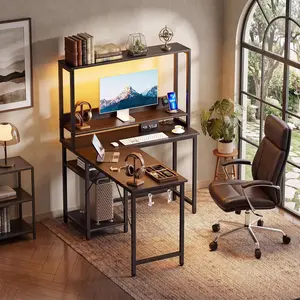 53 in Reversible L Shaped Gaming Desk with LED Lights Power Outlets Adjustable Shelf CPU Stand Home Office Corner Computer Writing Table