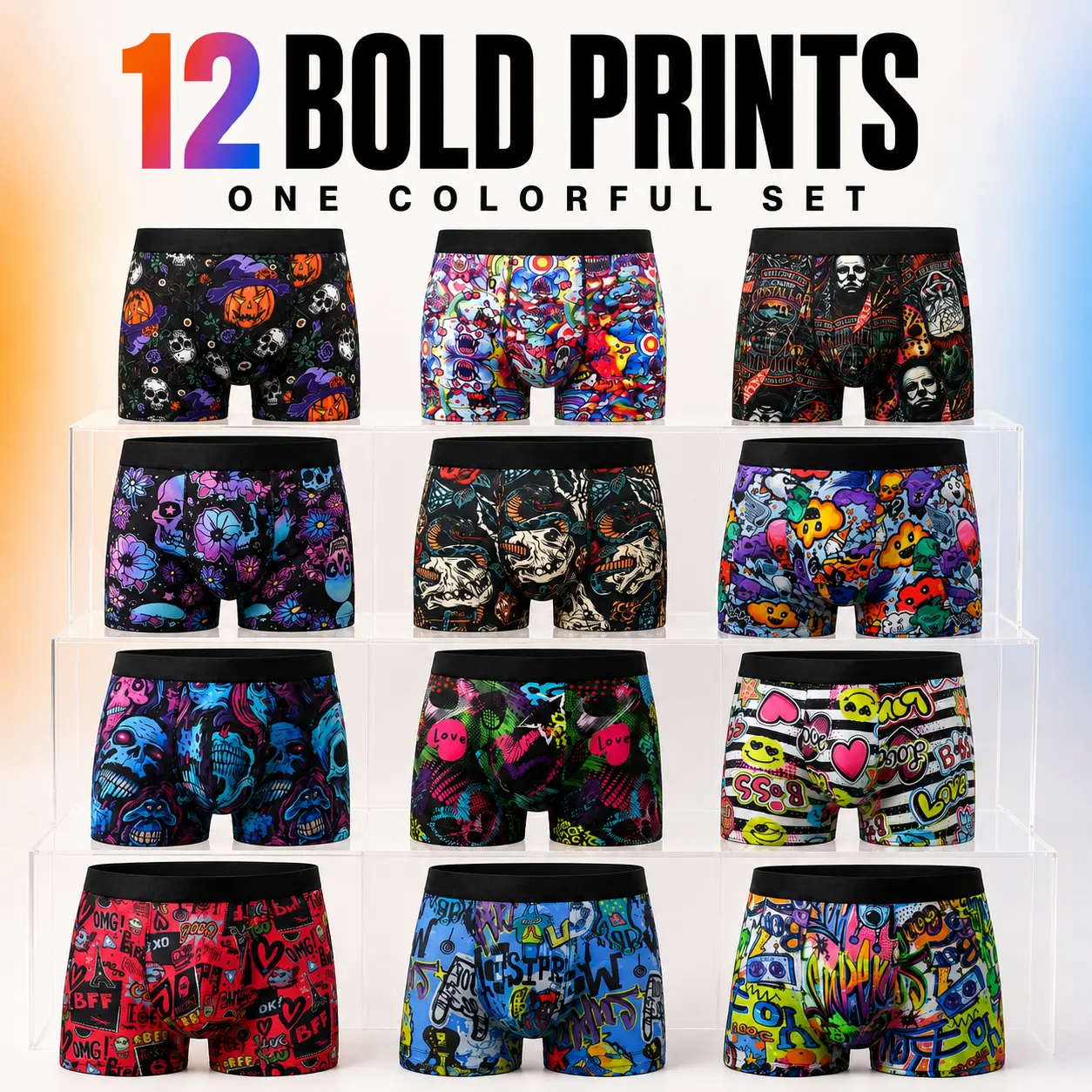 KXLBL Men's Athleisure Boxer Briefs 12-Pack Underwear Pack, S-XXXL Plus Sizes Boxed Set, Bold Print, Assorted Color Men's Boxer Briefs, Breathable Stylish Comfort Underwear