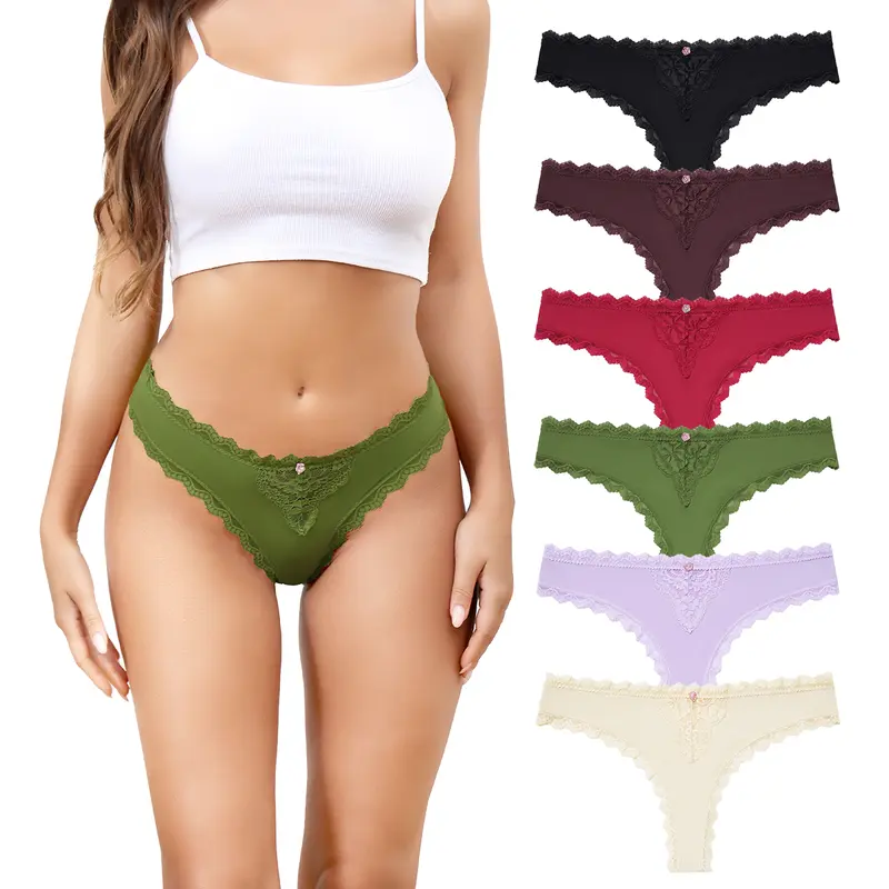 LEVAO Women's Lace Thongs - 6-Pack Low-Waisted Basic Underwear for Women, Soft Stretch Panties, T-Back Cheeky Cut, Cotton Gusset Breathable Comfy Fit Panty, Elastic Undergarments for Casual Wear