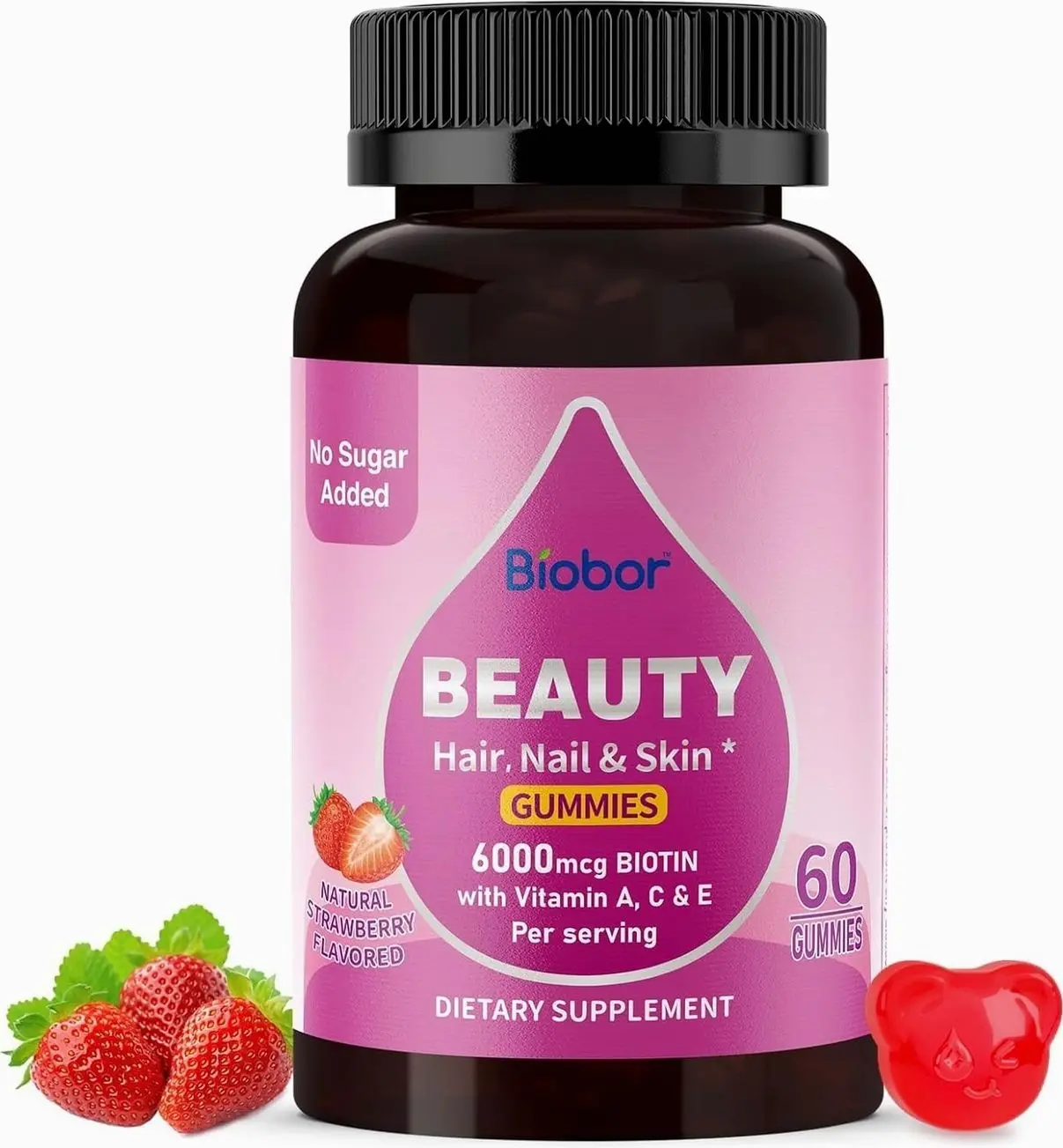 Beauty Gummies No Sugar Added, Hair Skin and Nails with Vitamins A C E, Natural 6000mcg Biotin Gummies for Women Men, GMO Free, Gluten Free