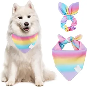 Rainbow Dog Bandana & Matching Scrunchie Pink Purple Yellow Pet Dog Scarf Cute Dog Costumes Accessories for Small Medium Large Dogs