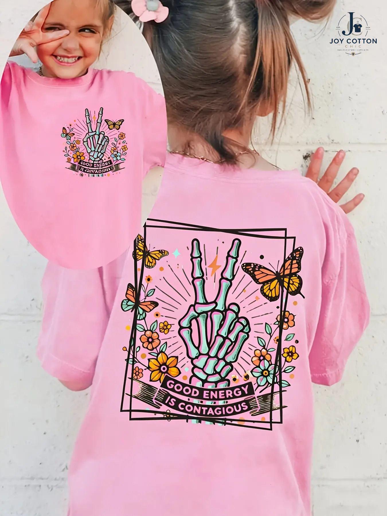 Youth & Adult PUEMCO Girls Double-Sided Print Short-Sleeve Tee, Skeleton Peace Hand Butterfly Graphic, Good Energy Is Contagious by Joy Cotton Chic